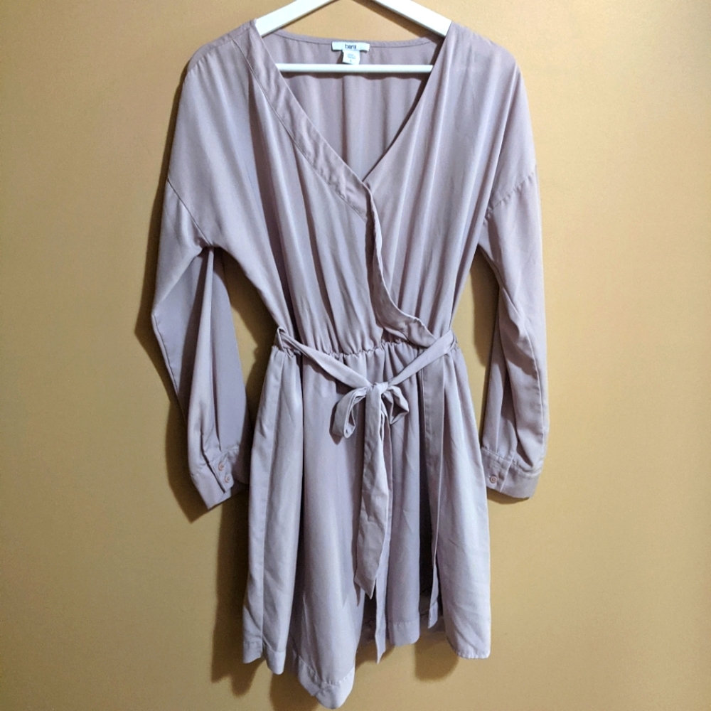 Lavender tie waist dress with asymmetric hem